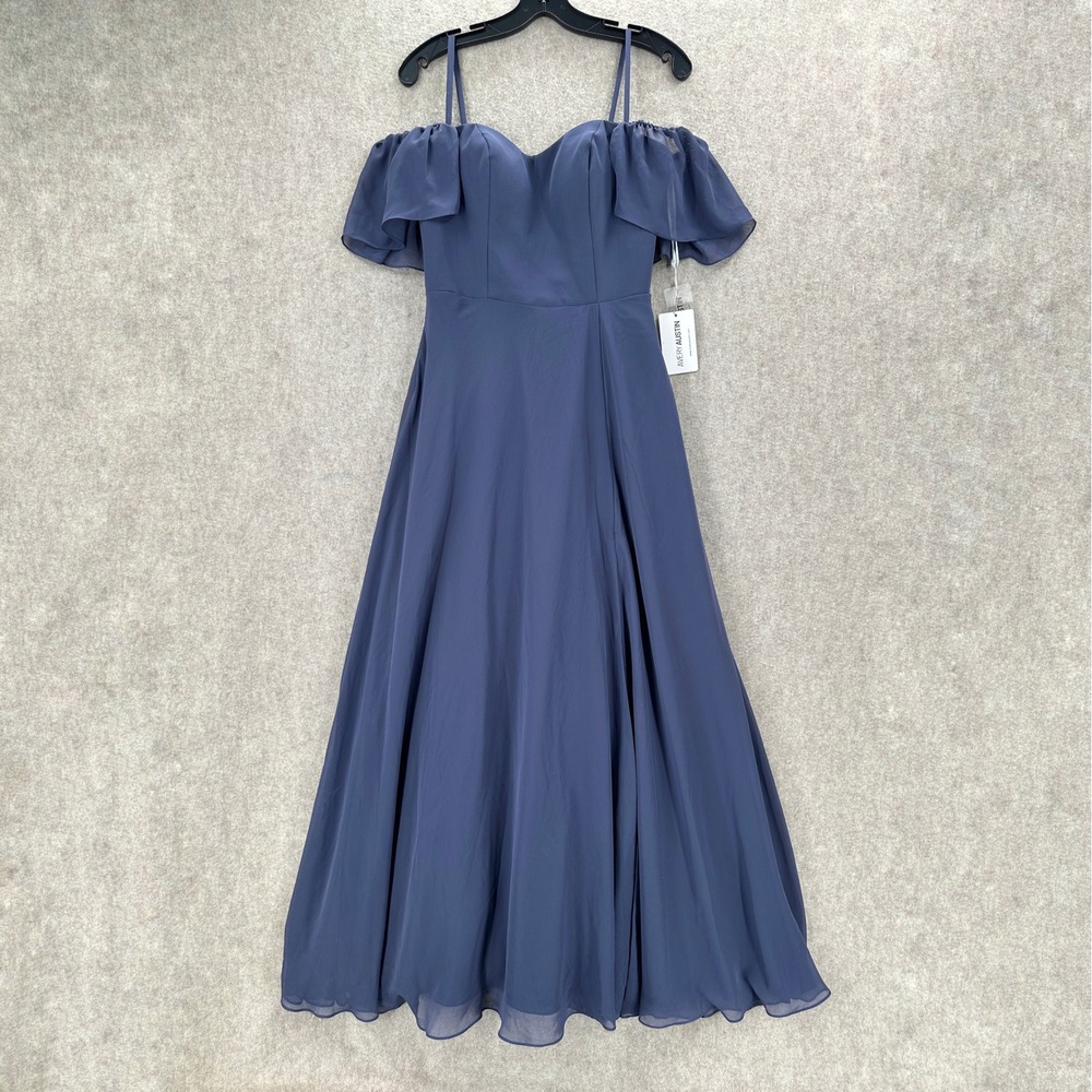 Avery Austin Bridesmaid Dress Womens 10 Blue Chiffon Off Shoulder Maxi Gown